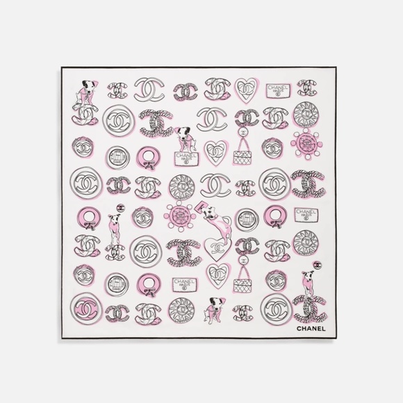 NEW Chanel 23P Puppy Dog CC Heart Charm 60 Square Silk Scarf Pink White Beige - Picture 1 of 9